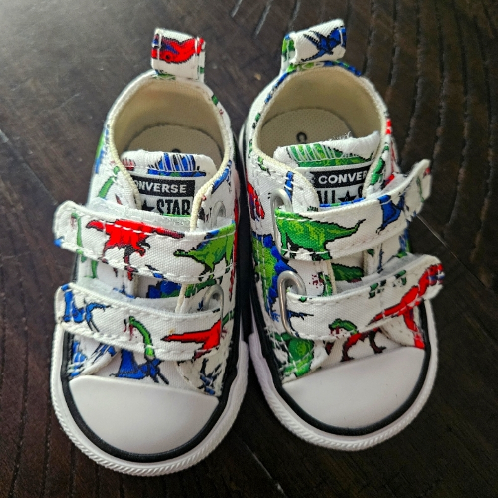 All star Converse Dinosaur, velcro baby shoes, size 2c